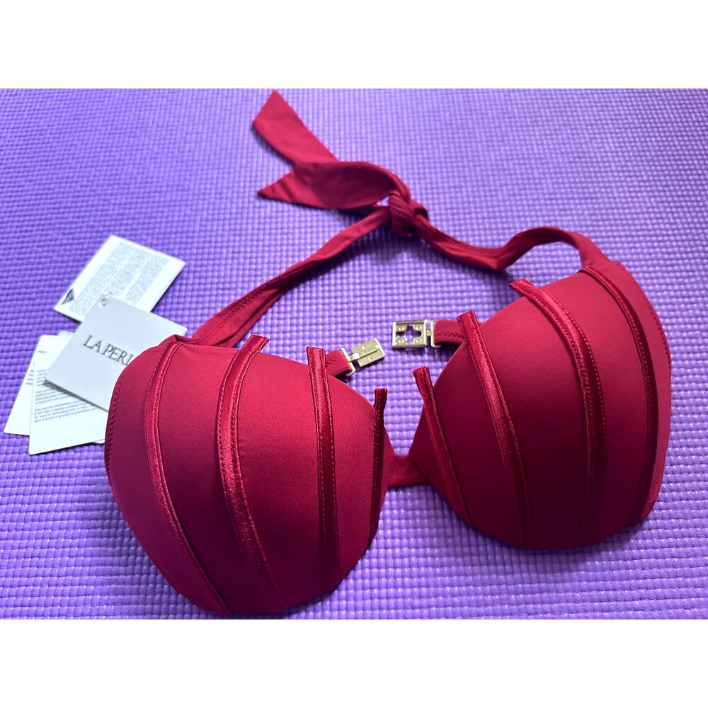 NWT $355 La Perla Red Halter Bikini Swim Top Womens Size 6 Underwire Padded